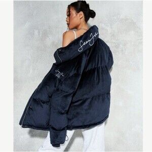 Sean John X Missguided Puffer Jacket Womens 2 US Navy Blue Velour Oversized Y2K
